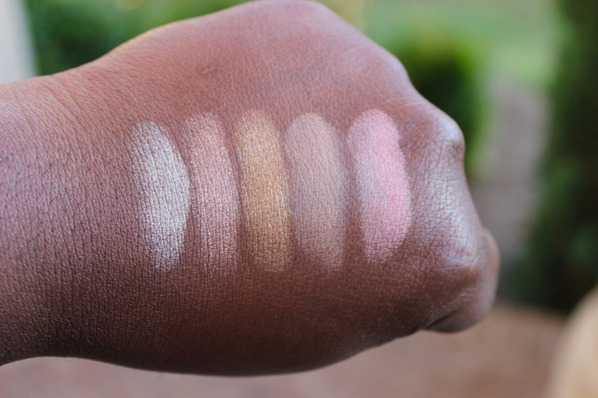 BECCA afterglow palette on dark skin swatches